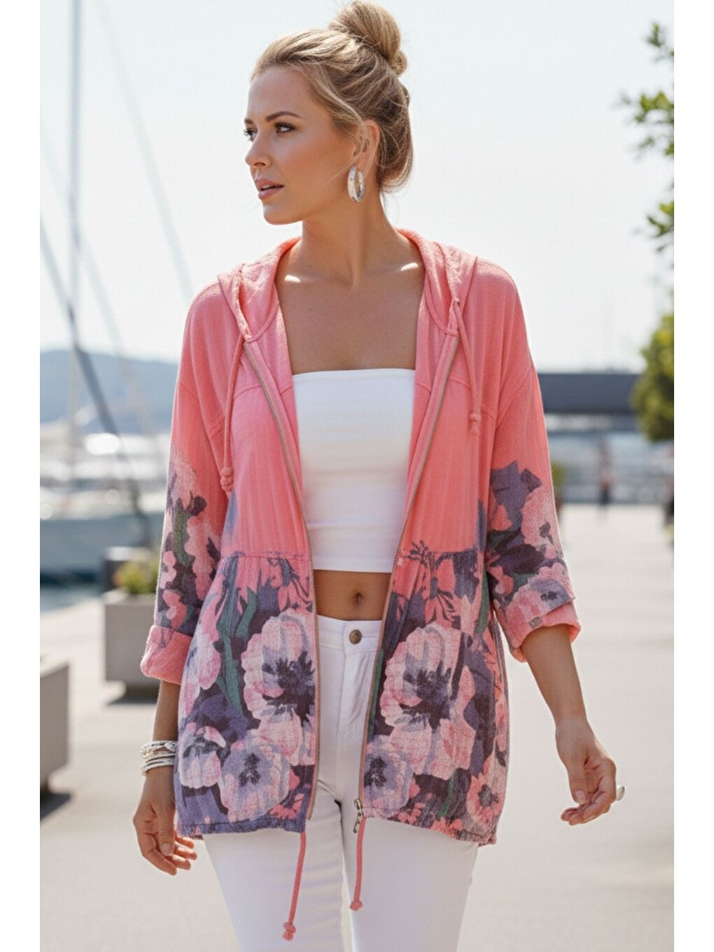 İtalyan Pembe Düğmeli Uzun Kollu Cepli Kapüşonlu Fermuarlı Baskılı Regular Boy Dokuma Ceket 68 65-2