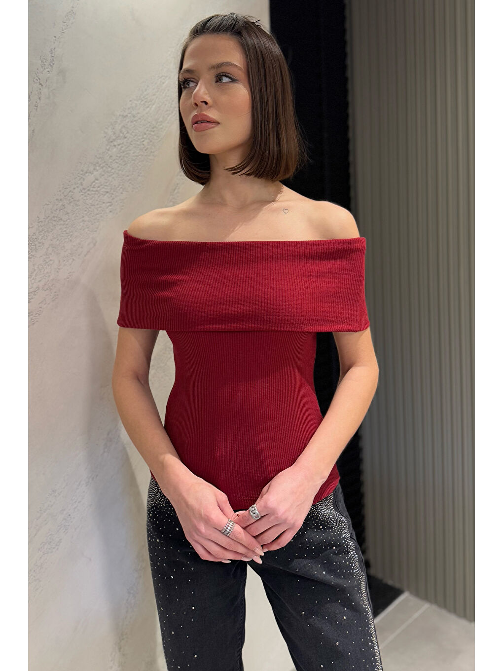 Bordo Kadın Madonna Yaka Kaşkorse Bluz-1