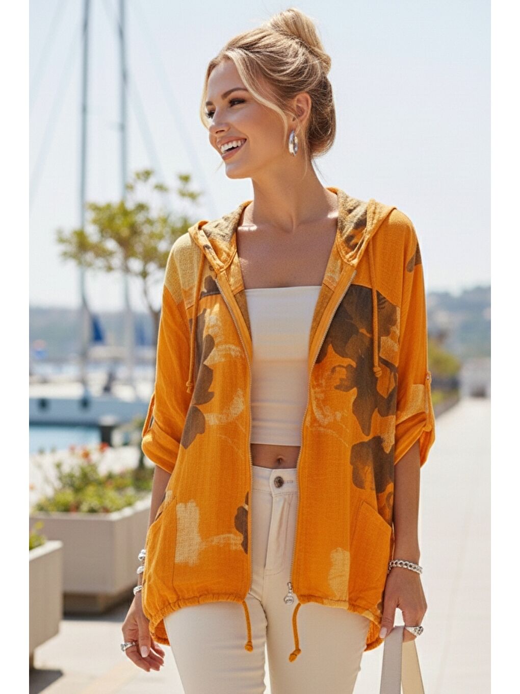 İtalyan Turuncu Düğmeli Uzun Kollu Cepli Kapüşonlu Fermuarlı Baskılı Regular Boy Dokuma Ceket 68 65-2
