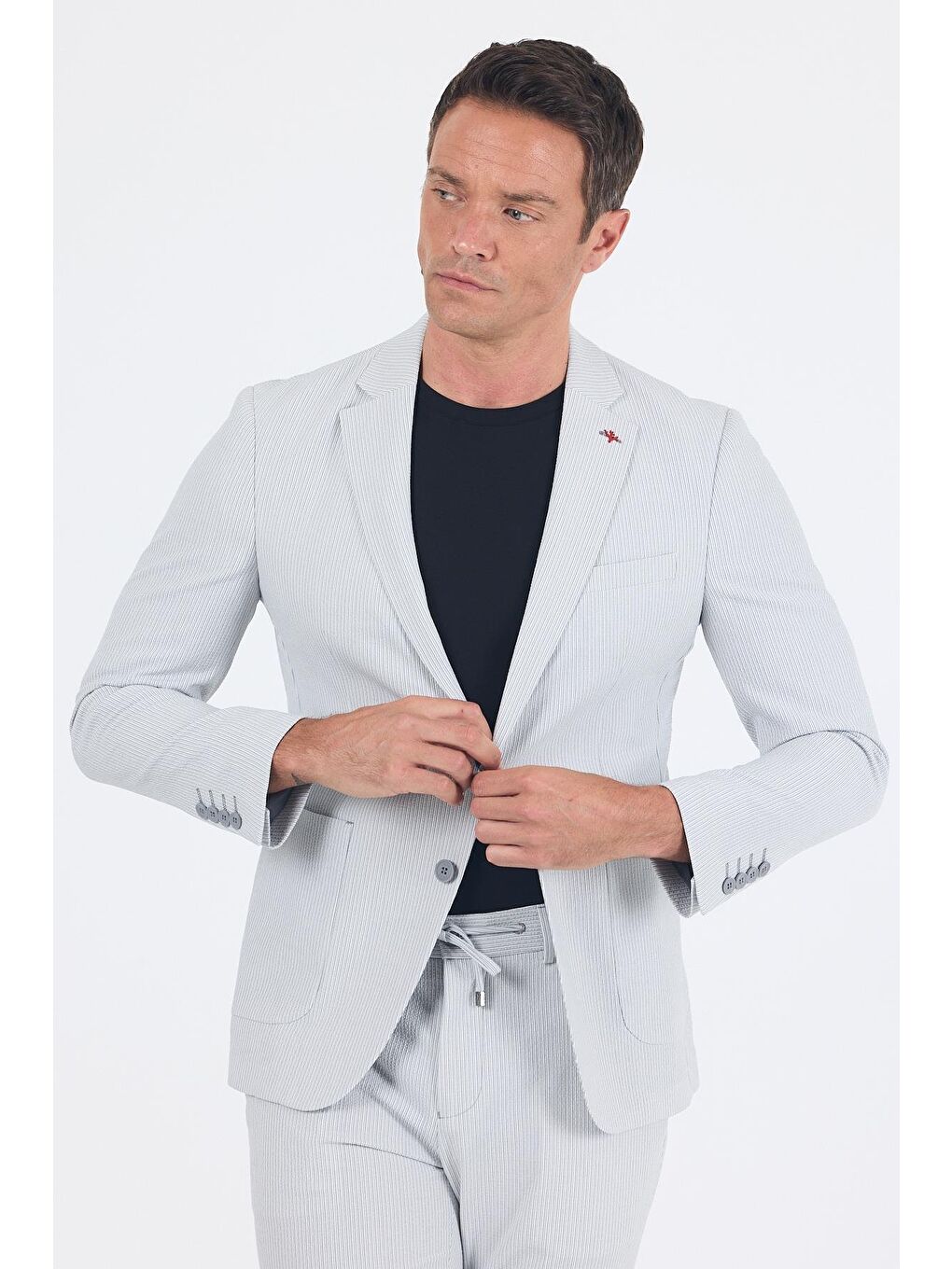 Gri Gofreli Mono Yaka Esnek 6 Drop Slim Fit Classic Takım Elbise 1001250117-1