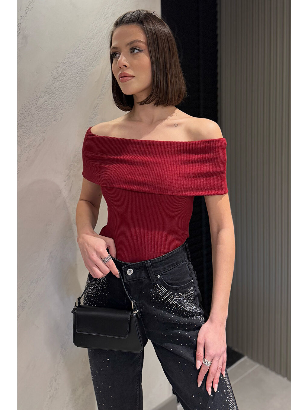 Bordo Kadın Madonna Yaka Kaşkorse Bluz-2