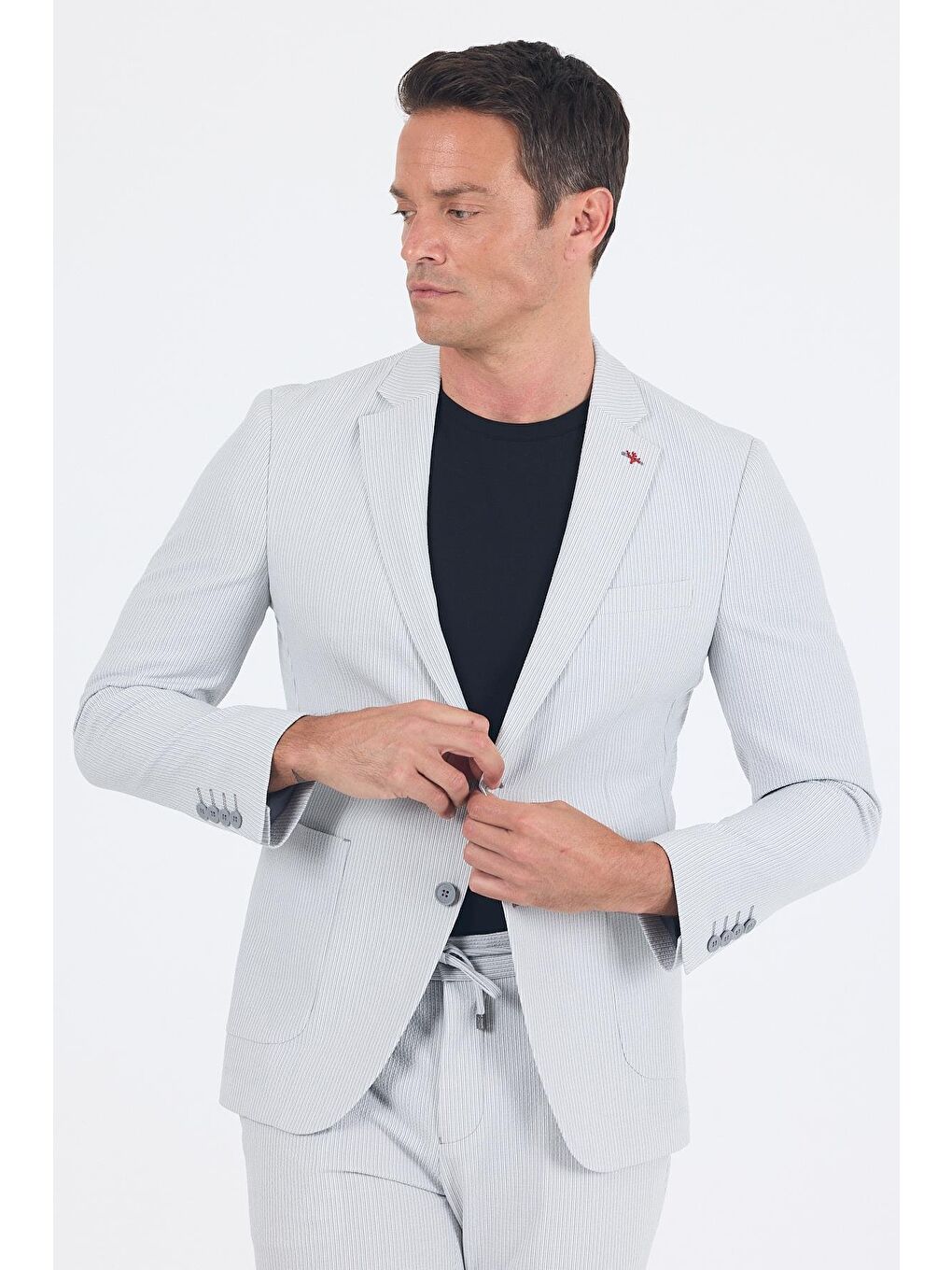 Gri Gofreli Mono Yaka Esnek 6 Drop Slim Fit Classic Takım Elbise 1001250117-2