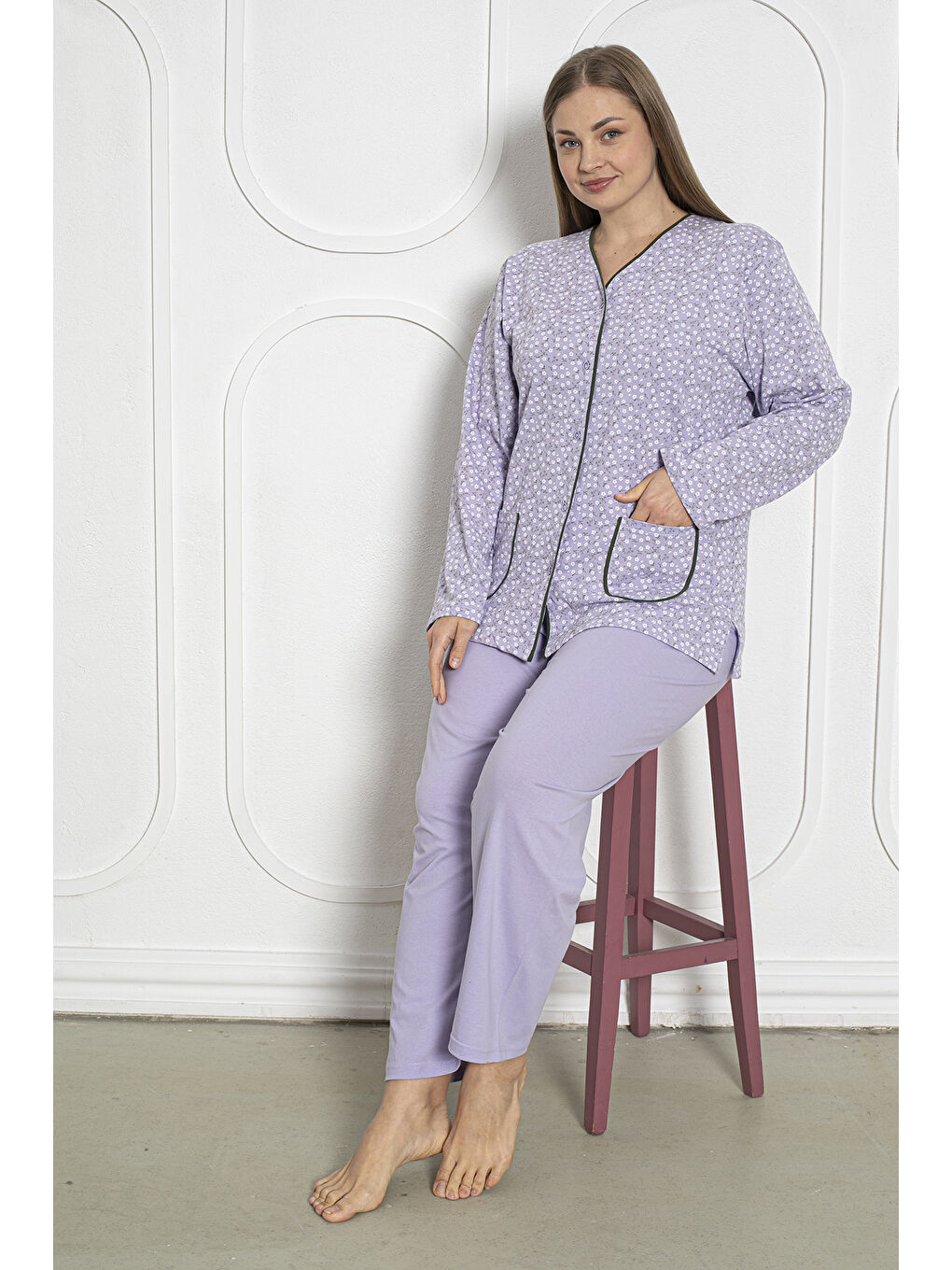 Lila %100 Pamuklu Uzun Kollu Boydan Düğmeli Büyük Beden Kadın Pijama Takımı 206-2