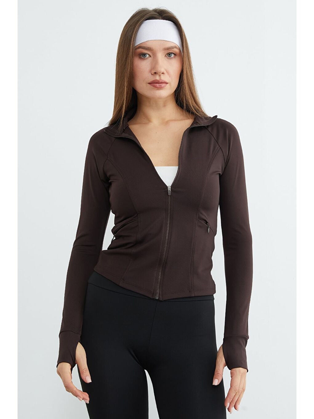 Kahverengi Fermuarlı Parmak Geçirmeli Slim Fit Spor Ceket-2