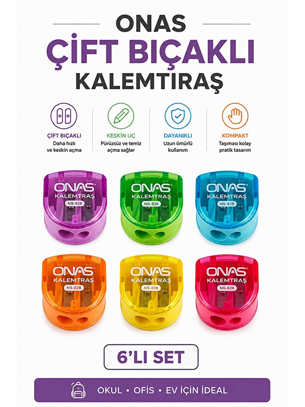 Kalemtraş 6 Adet Onas Ns-828 Hazneli Çift Bıçaklı Kalem Açacağı Plastik Kalemtıraş Kalem Traş Okul S