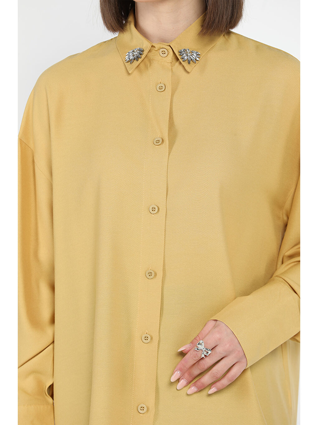 Kahverengi Kadın Yaka Taş İşlemeli Kendinden Desenli Gömlek-3