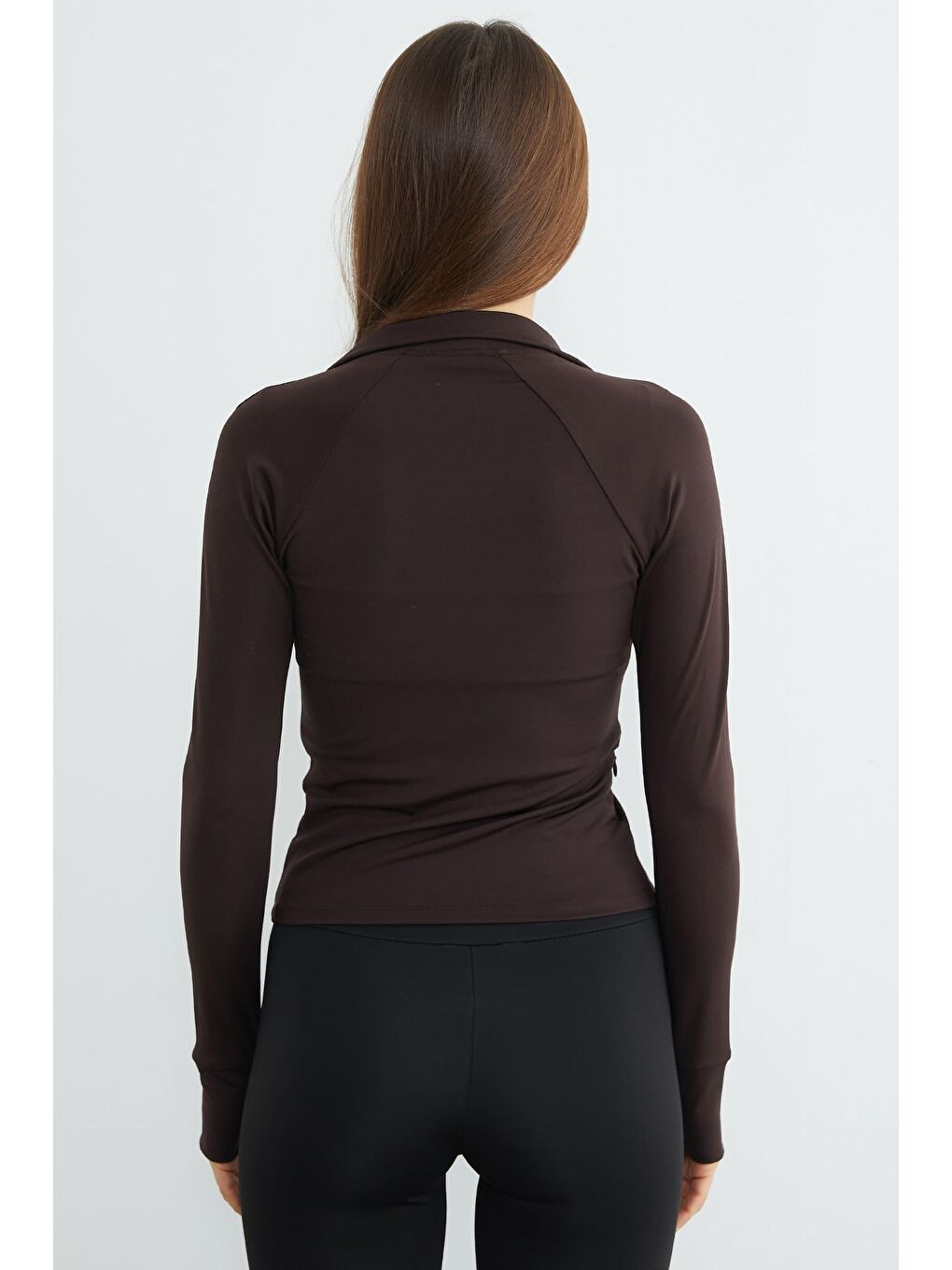 Kahverengi Fermuarlı Parmak Geçirmeli Slim Fit Spor Ceket-4