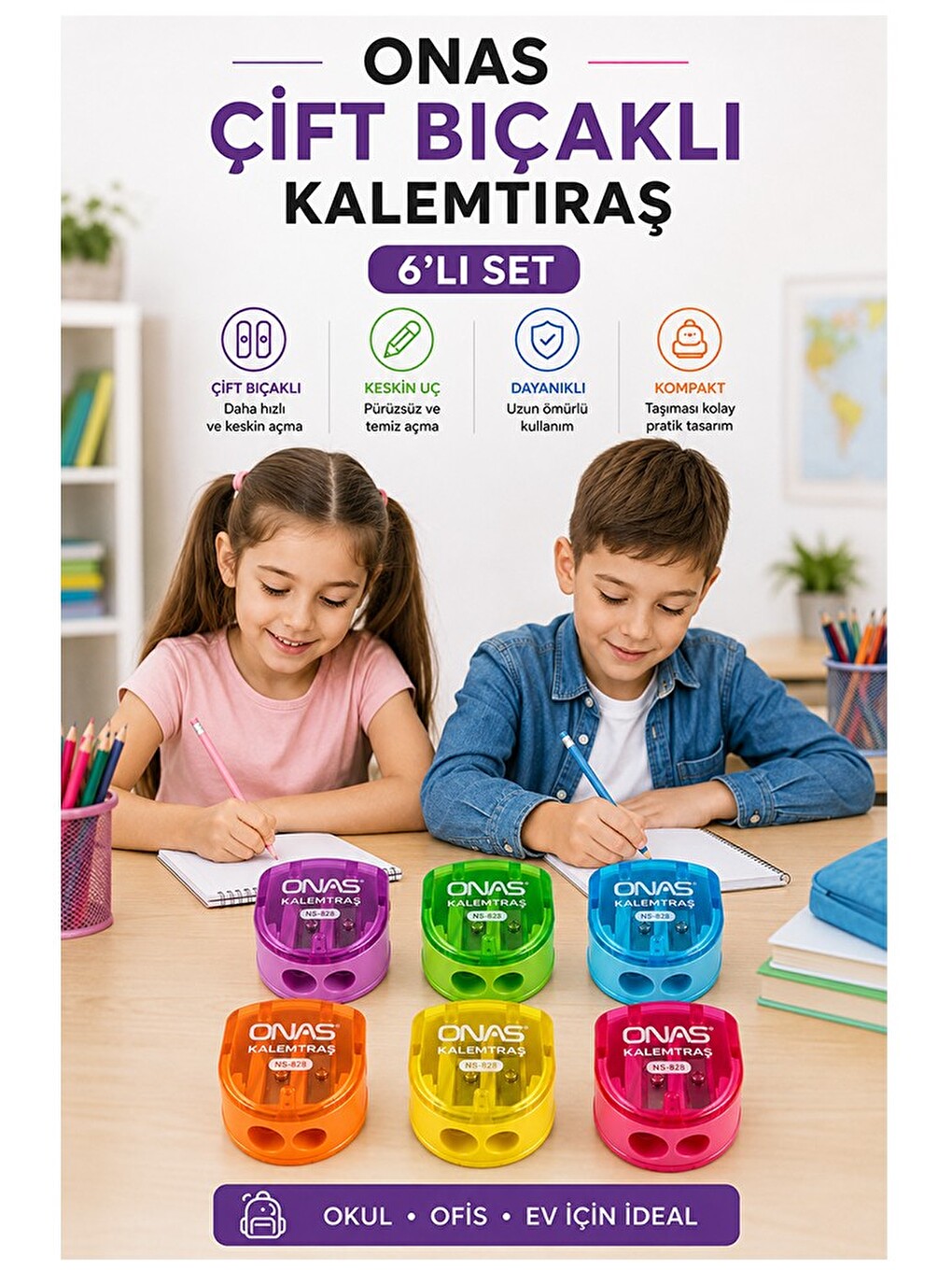 Kalemtraş 6 Adet Onas Ns-828 Hazneli Çift Bıçaklı Kalem Açacağı Plastik Kalemtıraş Kalem Traş Okul S-1