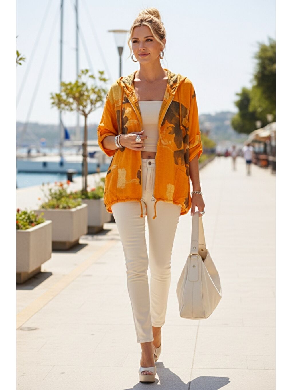 İtalyan Turuncu Düğmeli Uzun Kollu Cepli Kapüşonlu Fermuarlı Baskılı Regular Boy Dokuma Ceket 68 65-3