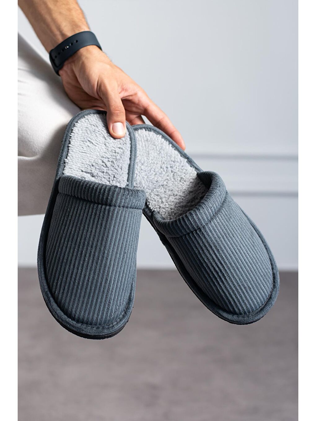 Gri FİTİLLİ DÜZ Unisex Ev Terliği Kışlık Kadın Erkek Terlik