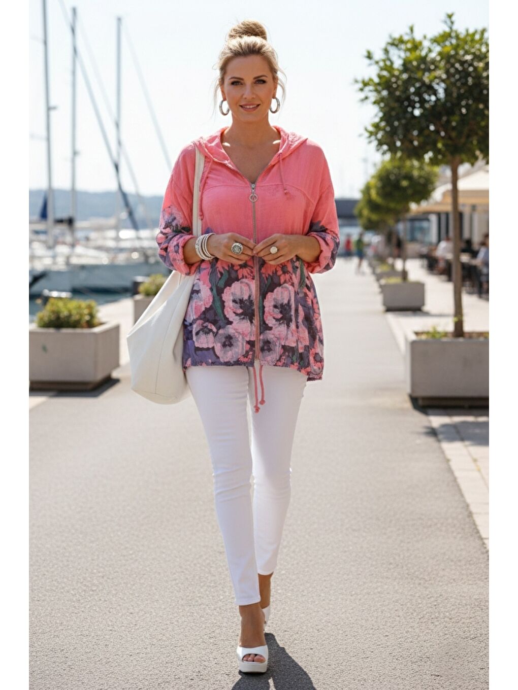 İtalyan Pembe Düğmeli Uzun Kollu Cepli Kapüşonlu Fermuarlı Baskılı Regular Boy Dokuma Ceket 68 65-4