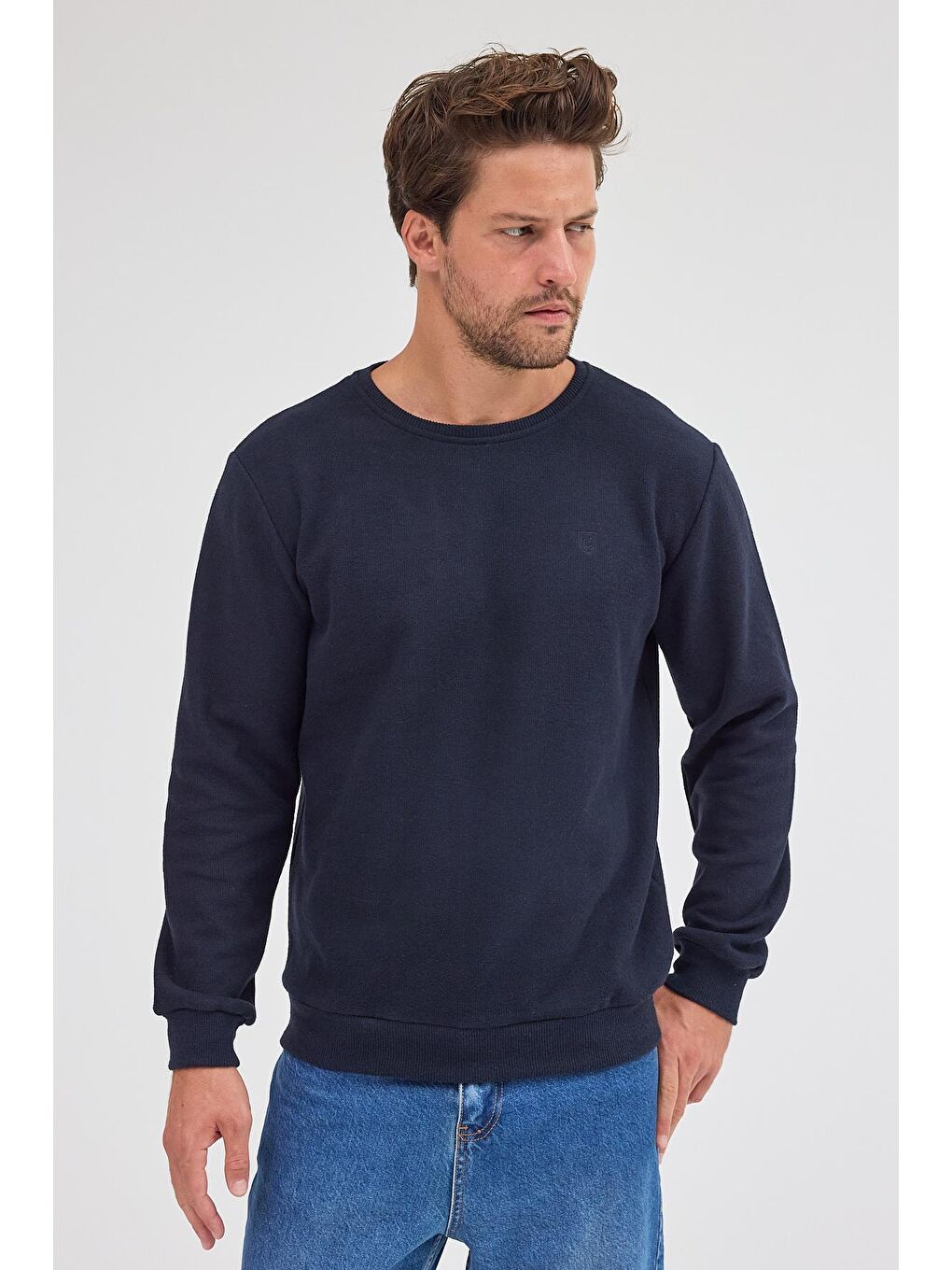 Erkek Lacivert Standart Fit Normal Kesim Pamuklu Basic Bisiklet Yaka Sweatshirt MTLCE113-Lacivert-2