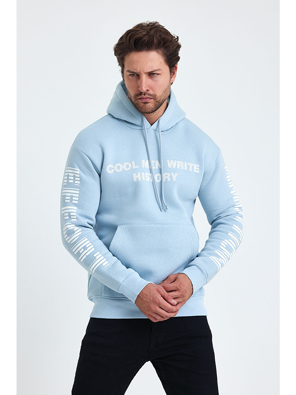 Tarz Cool Mavi Erkek Yazı Baskılı Regular 3 İplik Şardonlu Kapüşonlu Sweatshirt