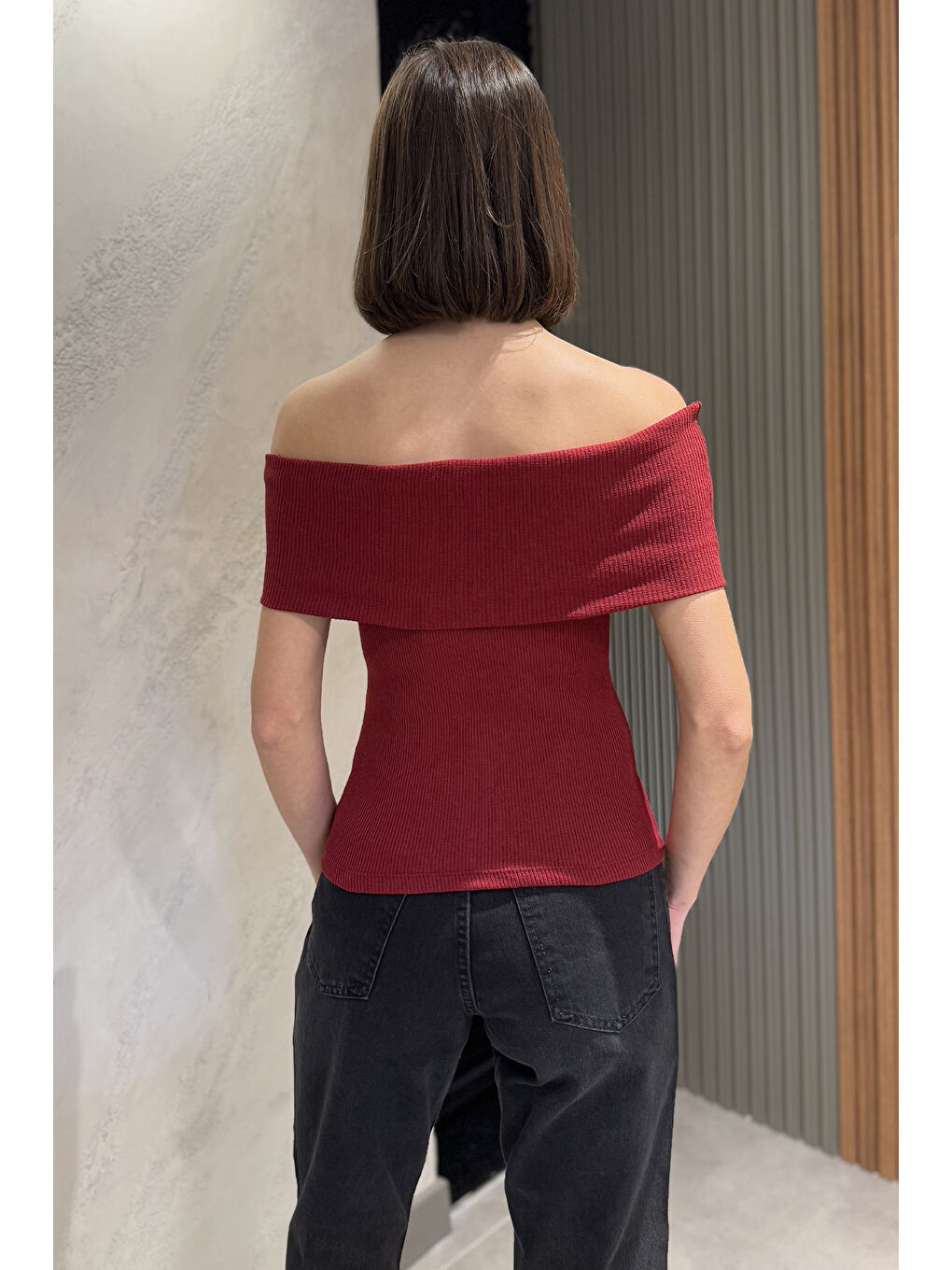 Bordo Kadın Madonna Yaka Kaşkorse Bluz-3
