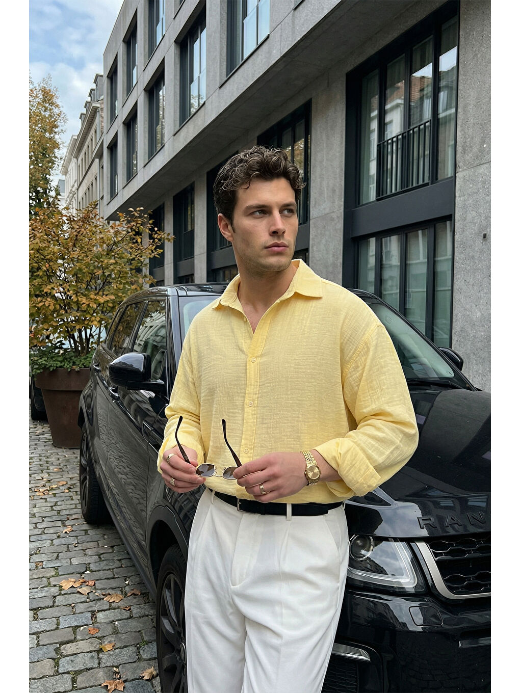 Sarı Yurin Erkek Premium Müslin %100 Pamuk Oversize Uzun Kollu Gömlek-2