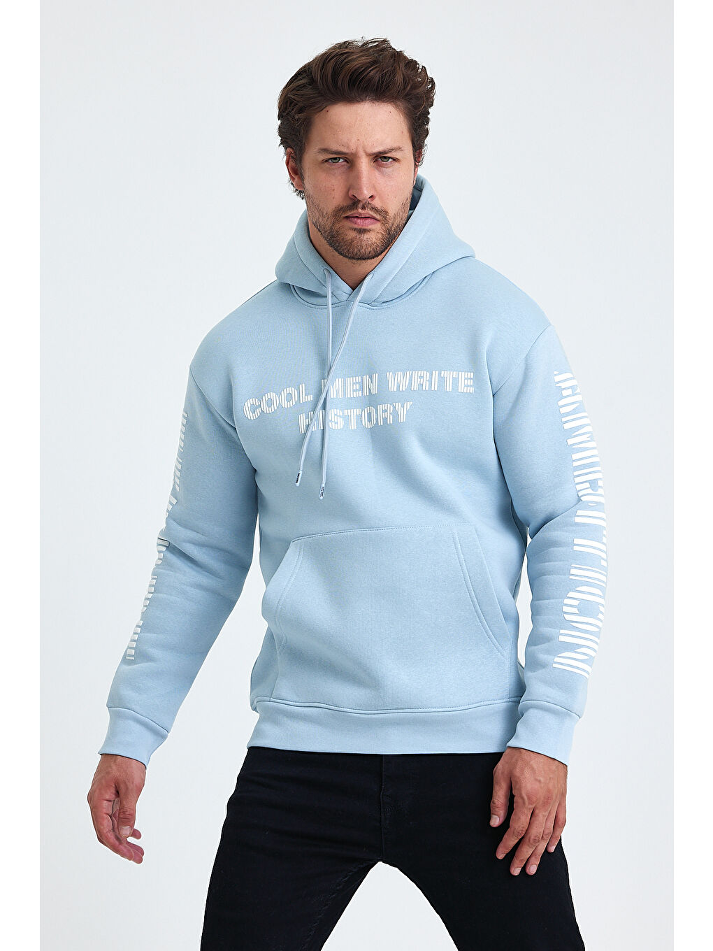 Tarz Cool Mavi Erkek Yazı Baskılı Regular 3 İplik Şardonlu Kapüşonlu Sweatshirt - 1