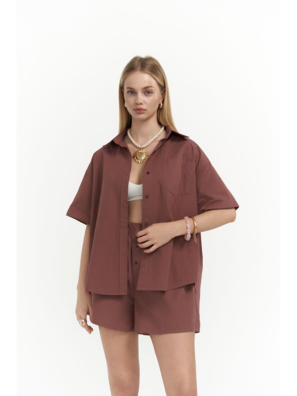 Corfu Açık Bordo Gömlek Şort Takım-1