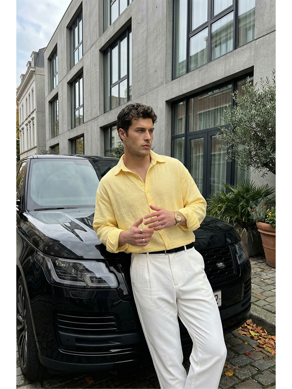 Sarı Yurin Erkek Premium Müslin %100 Pamuk Oversize Uzun Kollu Gömlek-3