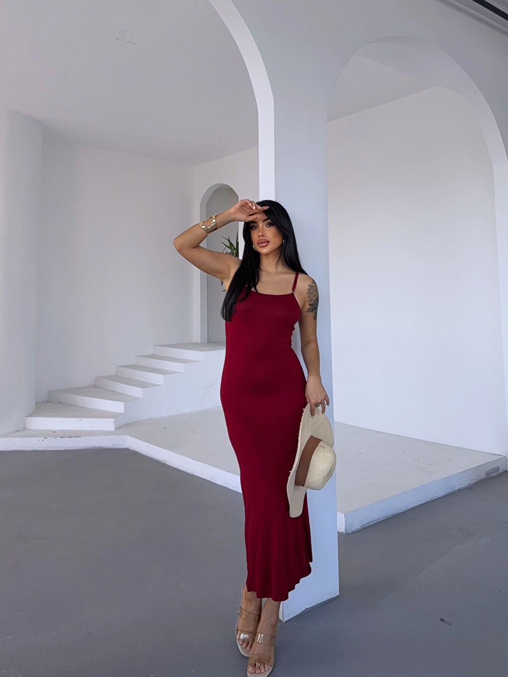 Kadın Bordo Ayarlanabilir Askılı Midi Boy Elbise HZL25S-FRY122921