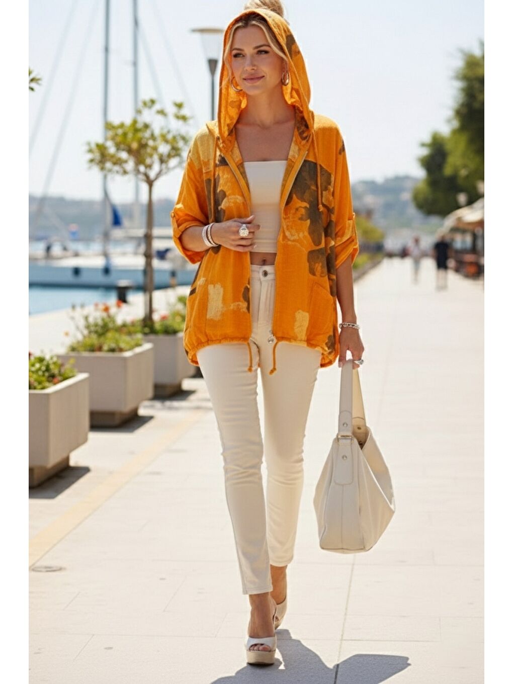 İtalyan Turuncu Düğmeli Uzun Kollu Cepli Kapüşonlu Fermuarlı Baskılı Regular Boy Dokuma Ceket 68 65-4