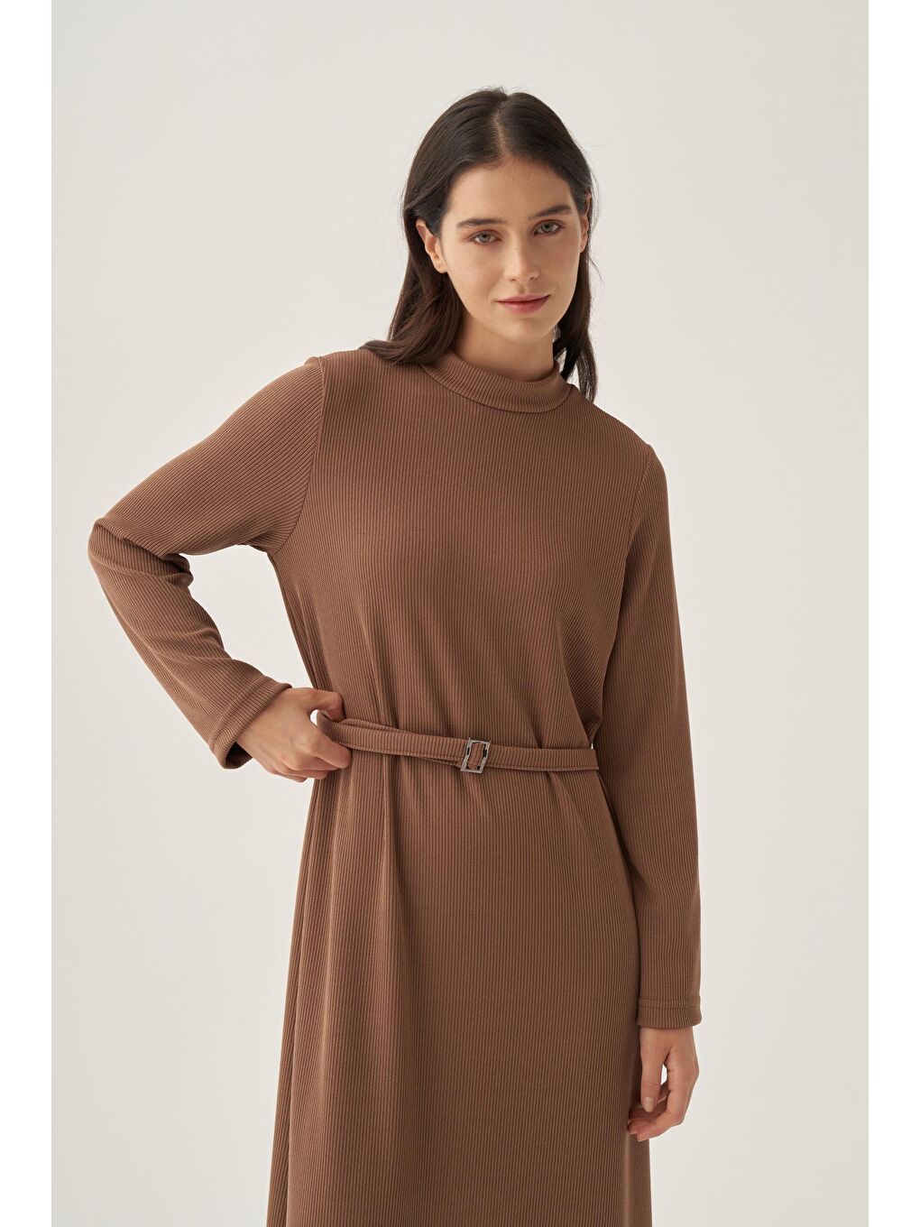 Kahverengi Taba-Kemer Tokalı Elbise-4