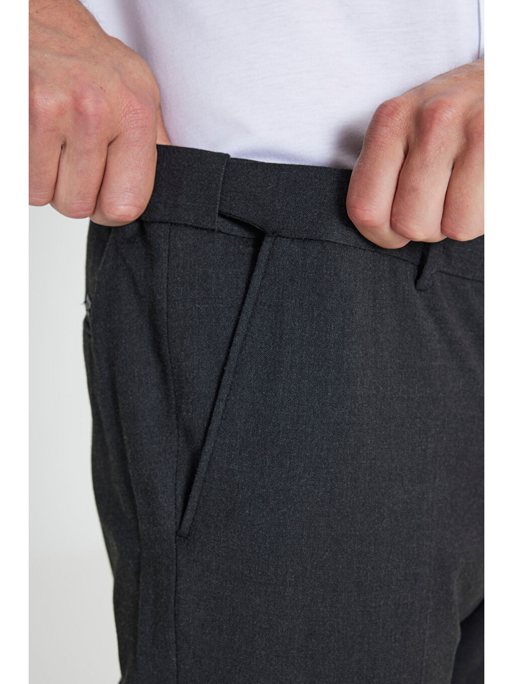 Erkek Antrasit Yünlü Flanel Slim Fit Dar Kesim Beli Gizli Lastikli Yan Cep Klasik Pantolon-3
