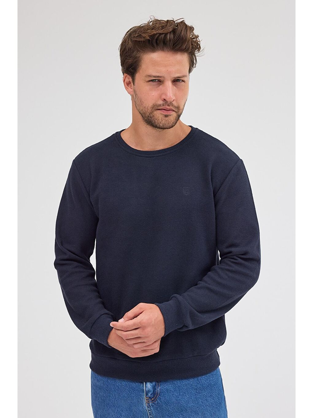 Erkek Lacivert Standart Fit Normal Kesim Pamuklu Basic Bisiklet Yaka Sweatshirt MTLCE113-Lacivert-3