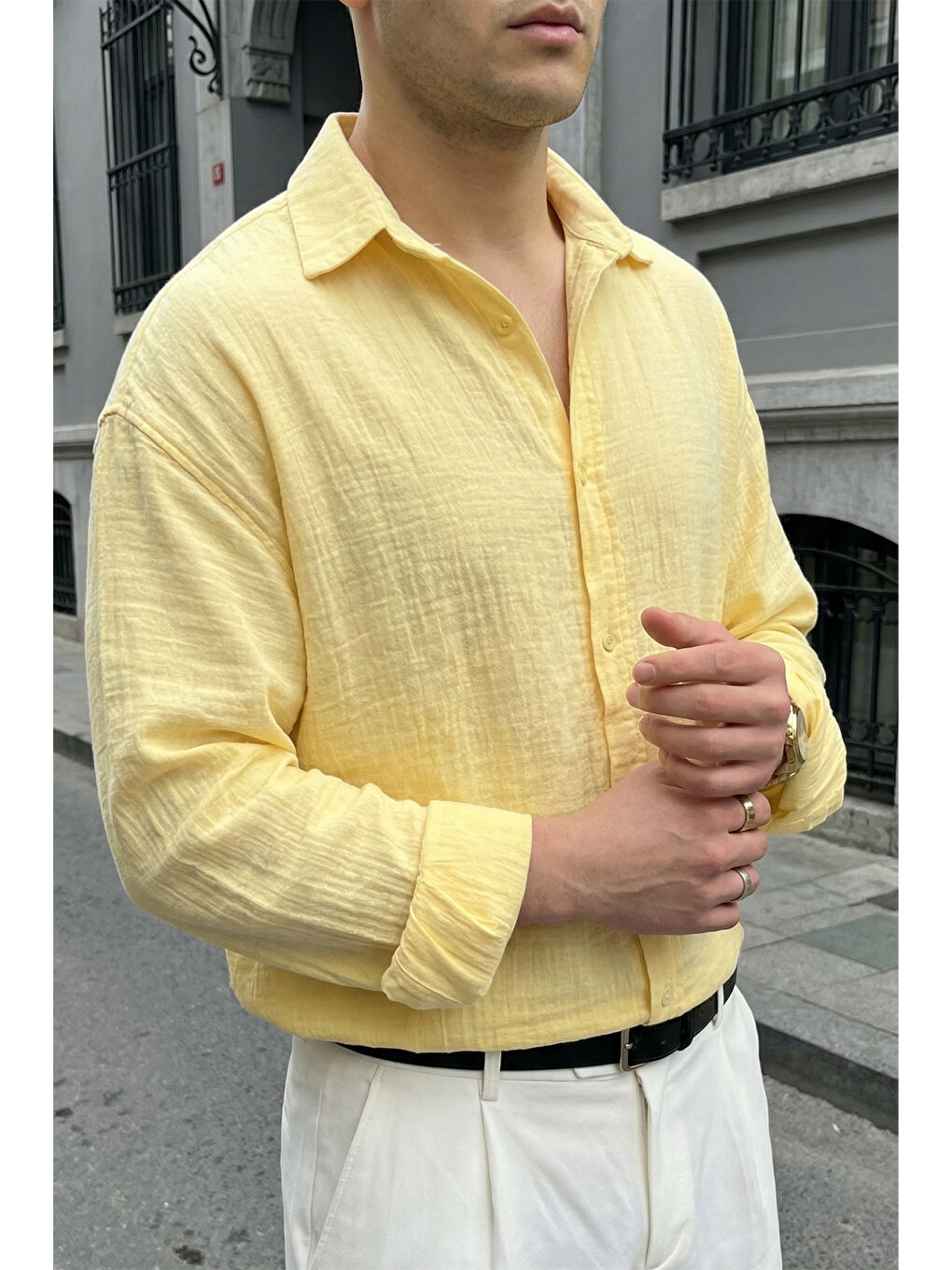 Sarı Yurin Erkek Premium Müslin %100 Pamuk Oversize Uzun Kollu Gömlek-4