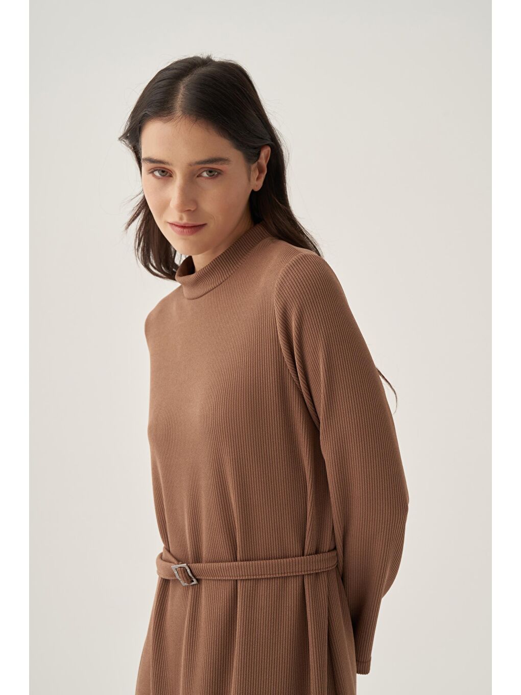 Kahverengi Taba-Kemer Tokalı Elbise-5