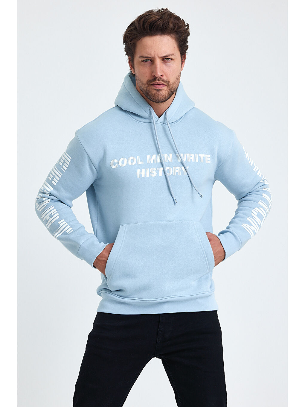 Tarz Cool Mavi Erkek Yazı Baskılı Regular 3 İplik Şardonlu Kapüşonlu Sweatshirt - 2