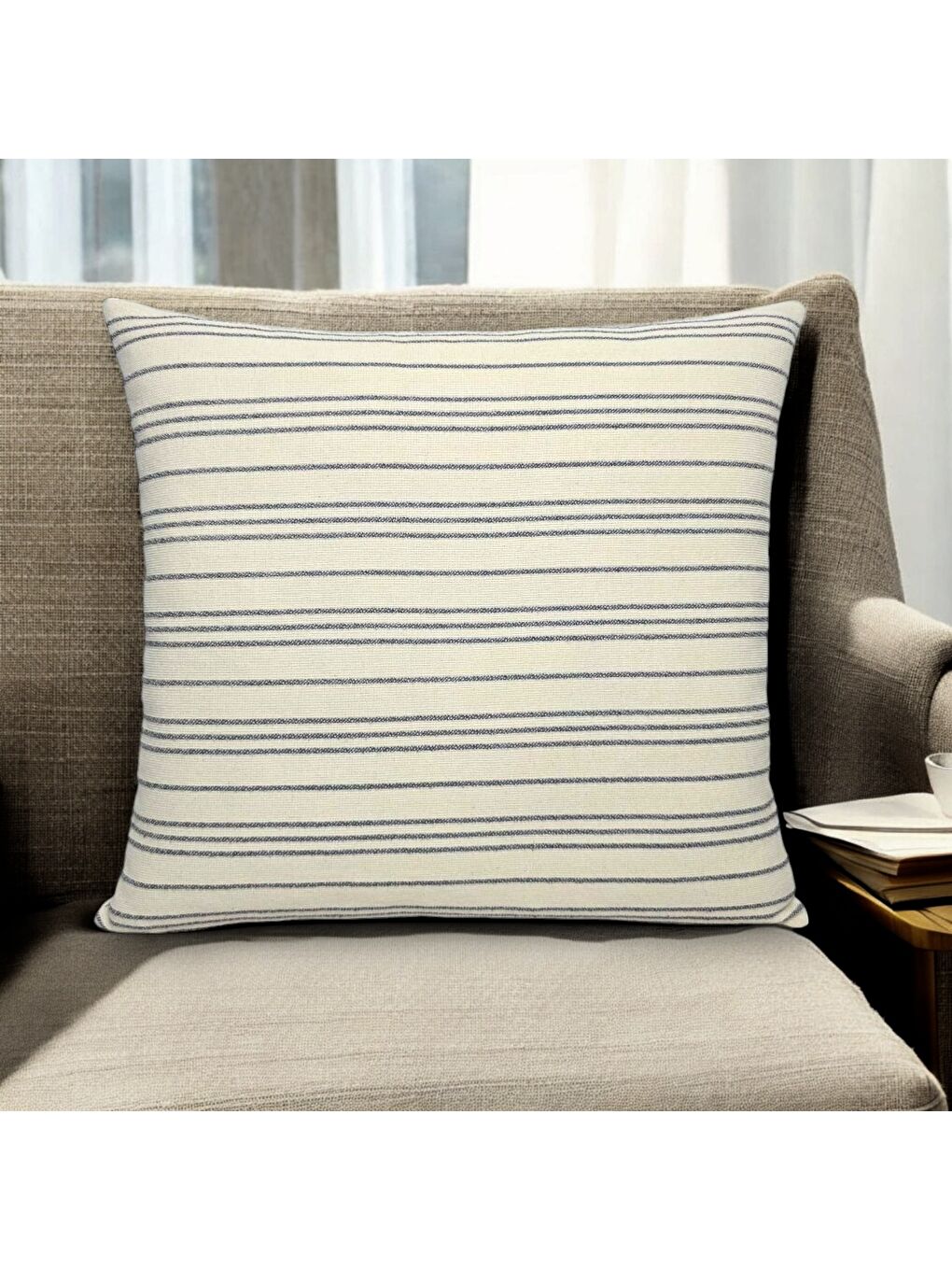 Bej Bohem Tarzı Keten Kumaş Çizgili Dekoratif Kırlent Kılıfı 45x45