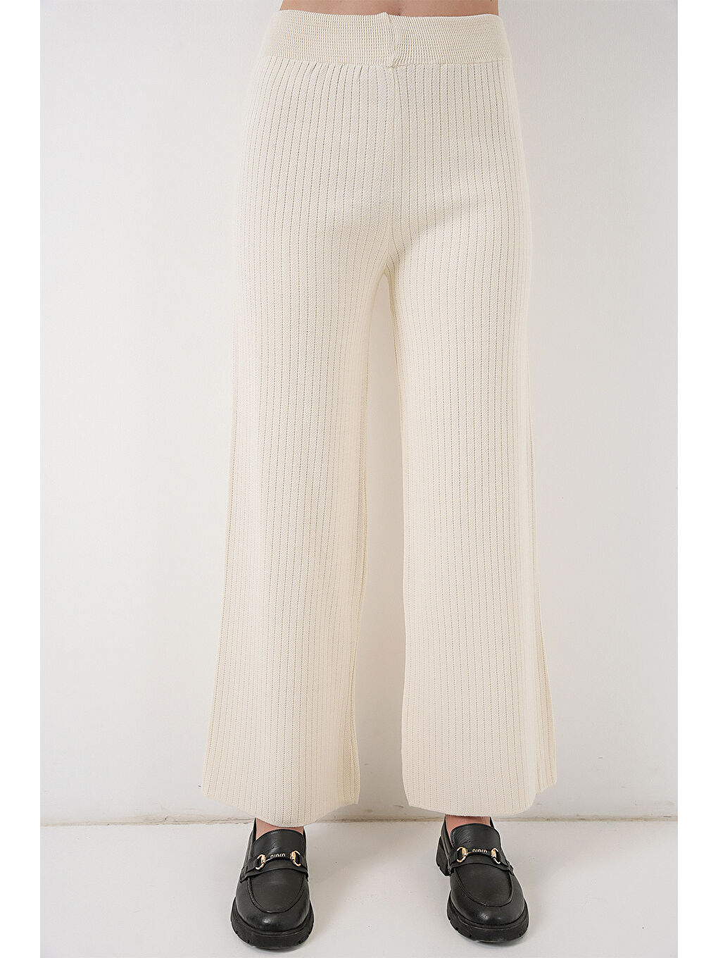 Kadın Çizgili Oversize Triko İkili Takım 15959 - Ekru-1