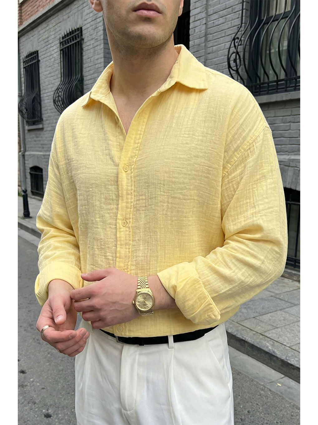 Sarı Yurin Erkek Premium Müslin %100 Pamuk Oversize Uzun Kollu Gömlek-5