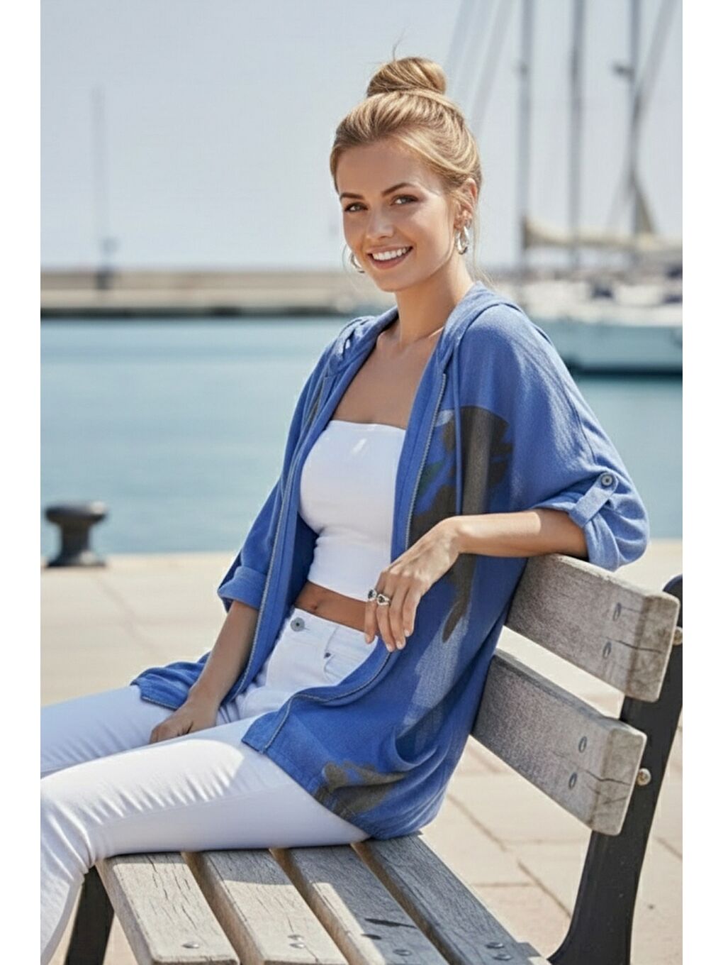 İtalyan Saks Mavisi Düğmeli Uzun Kollu Cepli Kapüşonlu Fermuarlı Regular Boy Dokuma Ceket 68 65-4