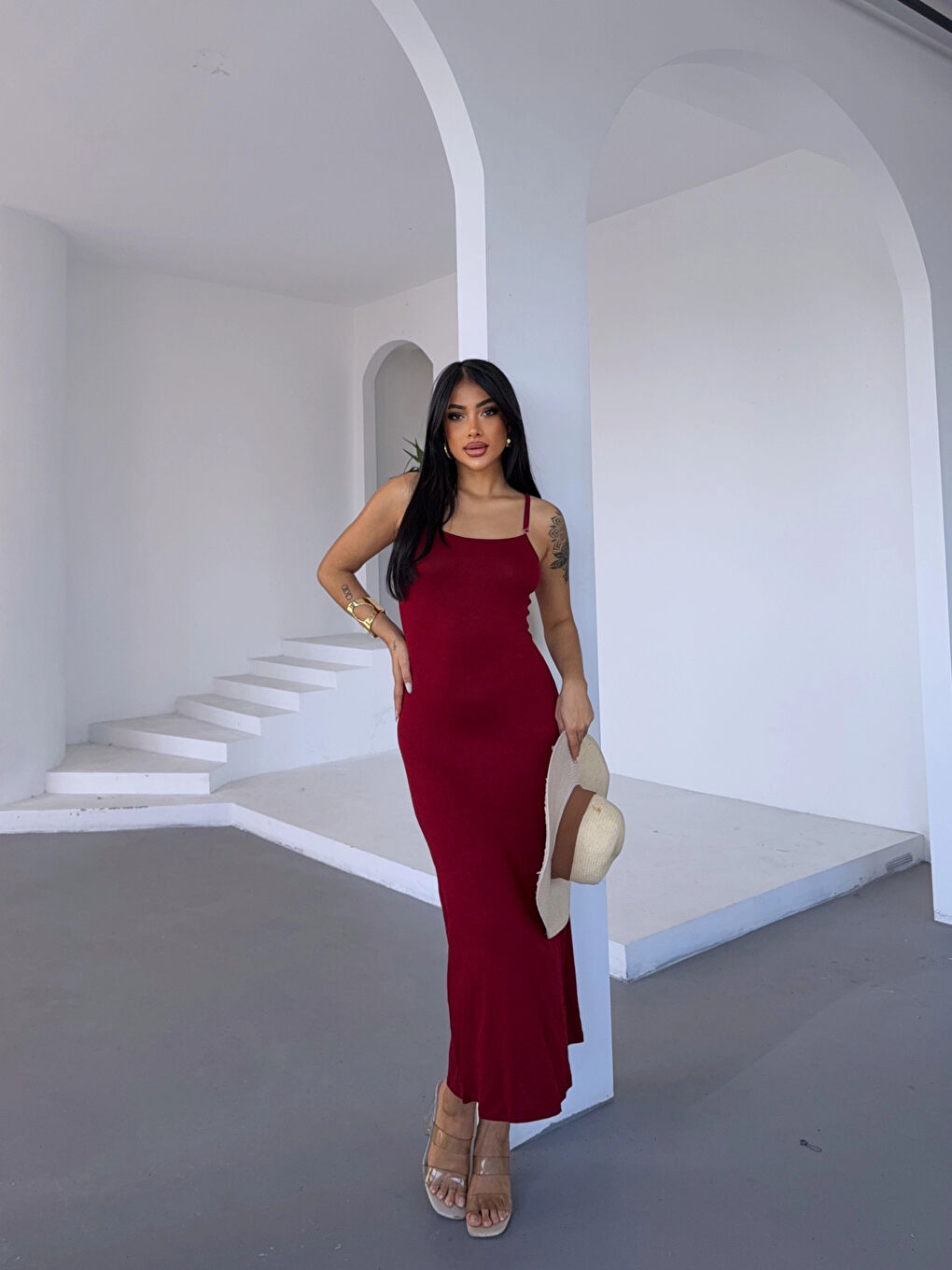 Kadın Bordo Ayarlanabilir Askılı Midi Boy Elbise HZL25S-FRY122921-1