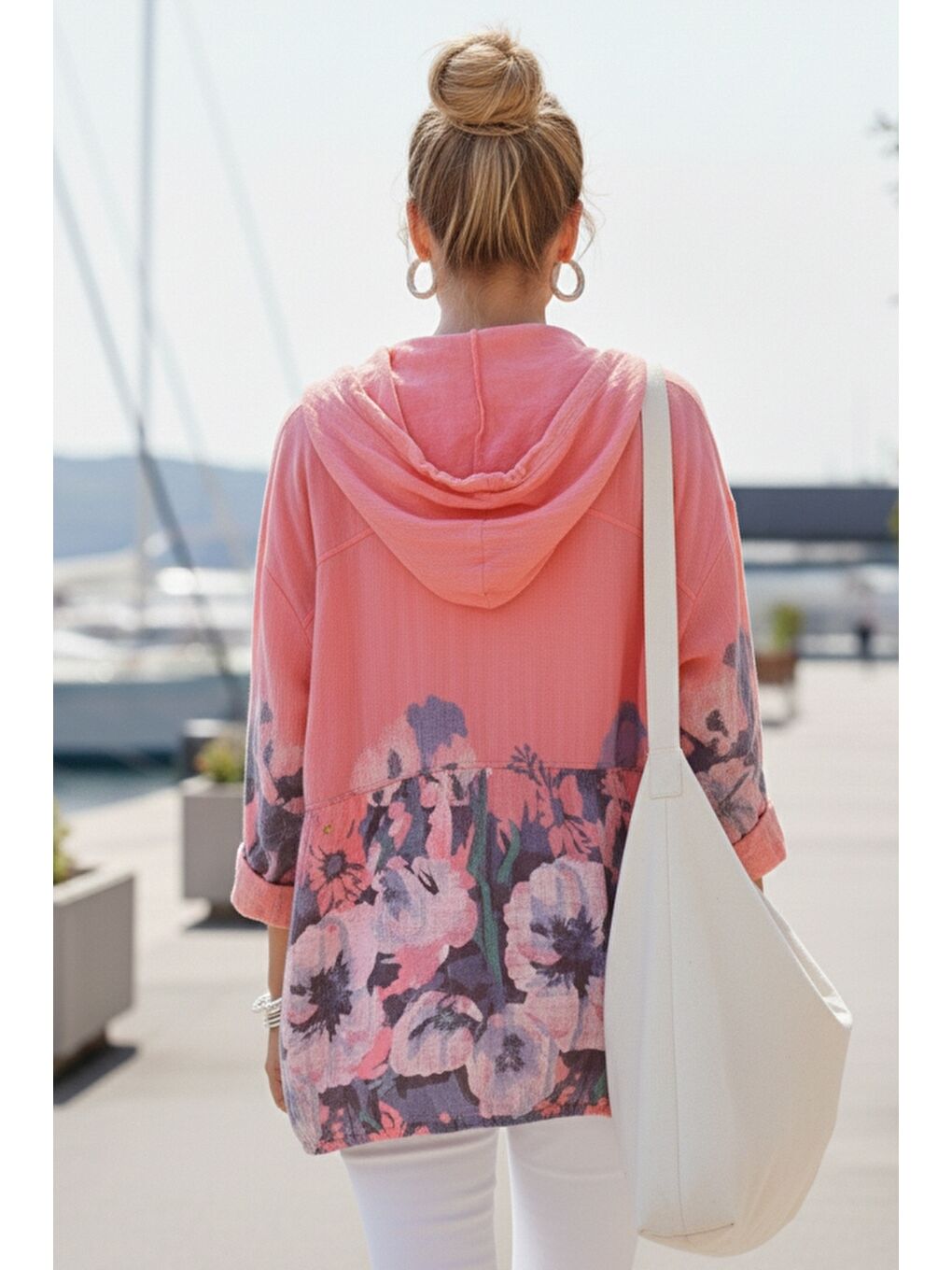 İtalyan Pembe Düğmeli Uzun Kollu Cepli Kapüşonlu Fermuarlı Baskılı Regular Boy Dokuma Ceket 68 65-6