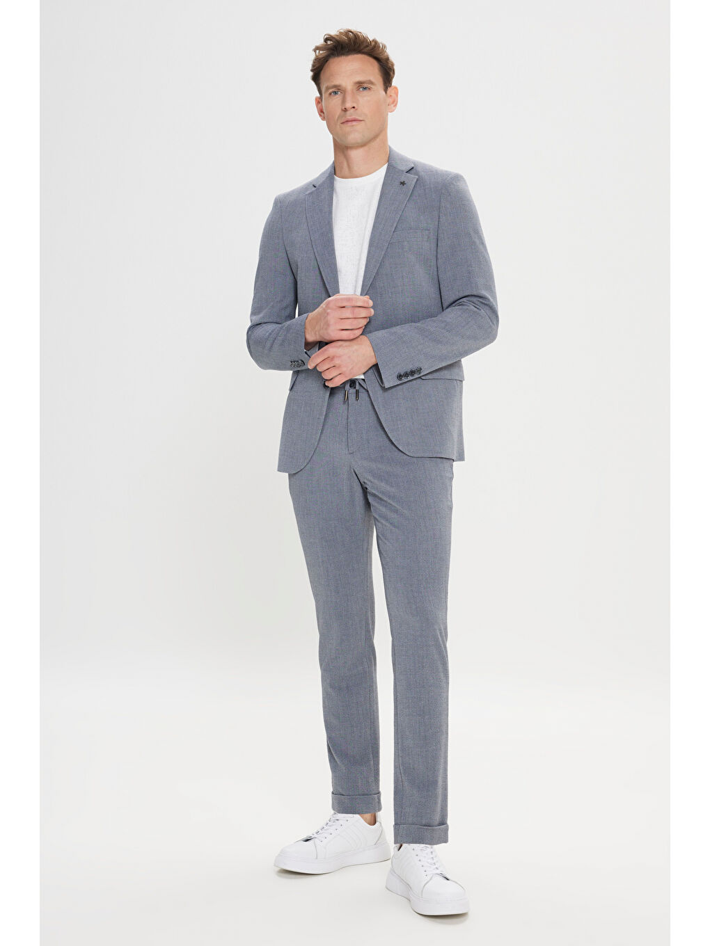 Erkek Gri Slim Fit Mono Yaka Beli Bağlamalı Gofre Desenli Takım Elbise-3