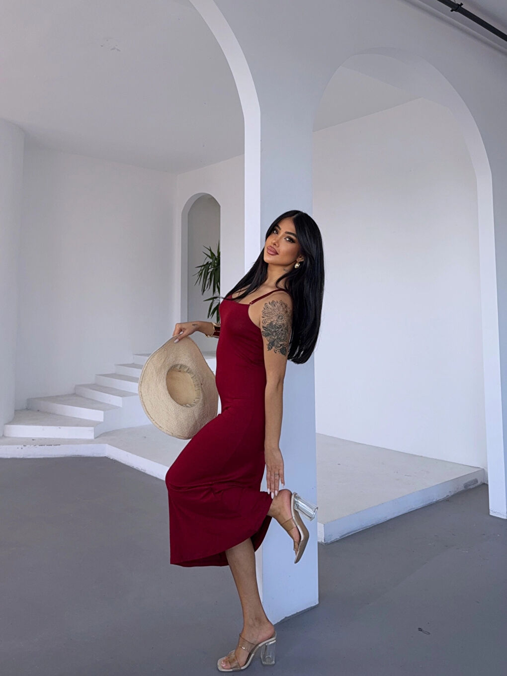 Kadın Bordo Ayarlanabilir Askılı Midi Boy Elbise HZL25S-FRY122921-2