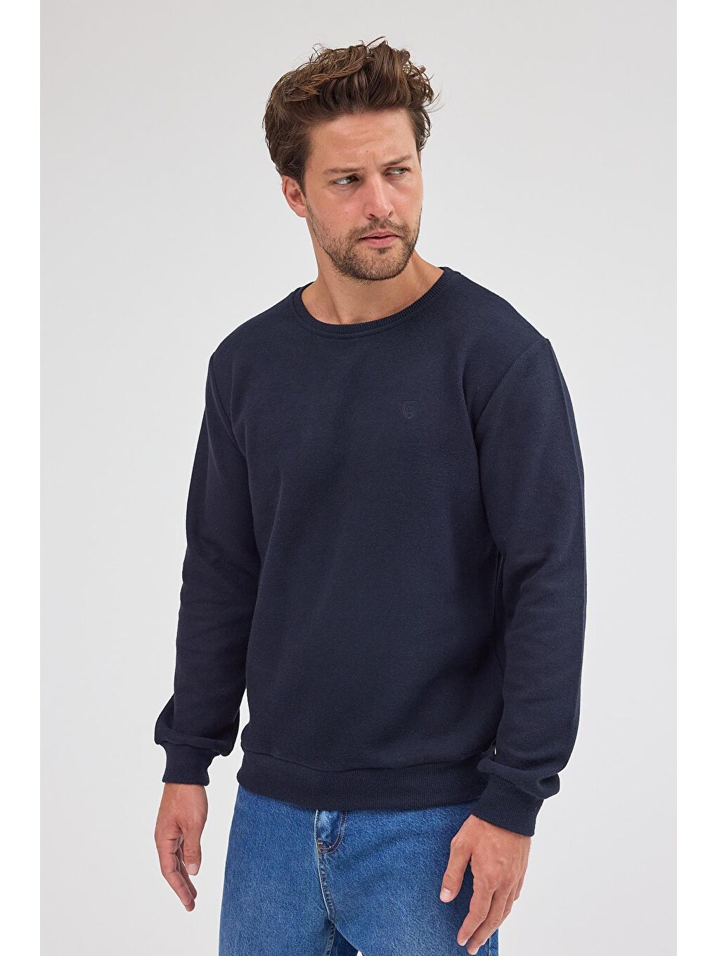 Erkek Lacivert Standart Fit Normal Kesim Pamuklu Basic Bisiklet Yaka Sweatshirt MTLCE113-Lacivert-5