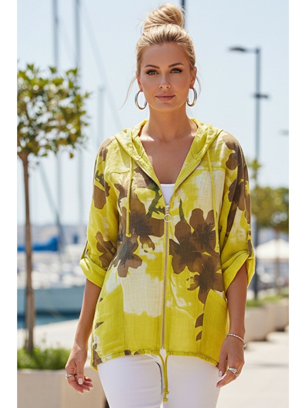 İtalyan Sarı Düğmeli Uzun Kollu Cepli Kapüşonlu Fermuarlı Baskılı Regular Boy Dokuma Ceket 68 65-2