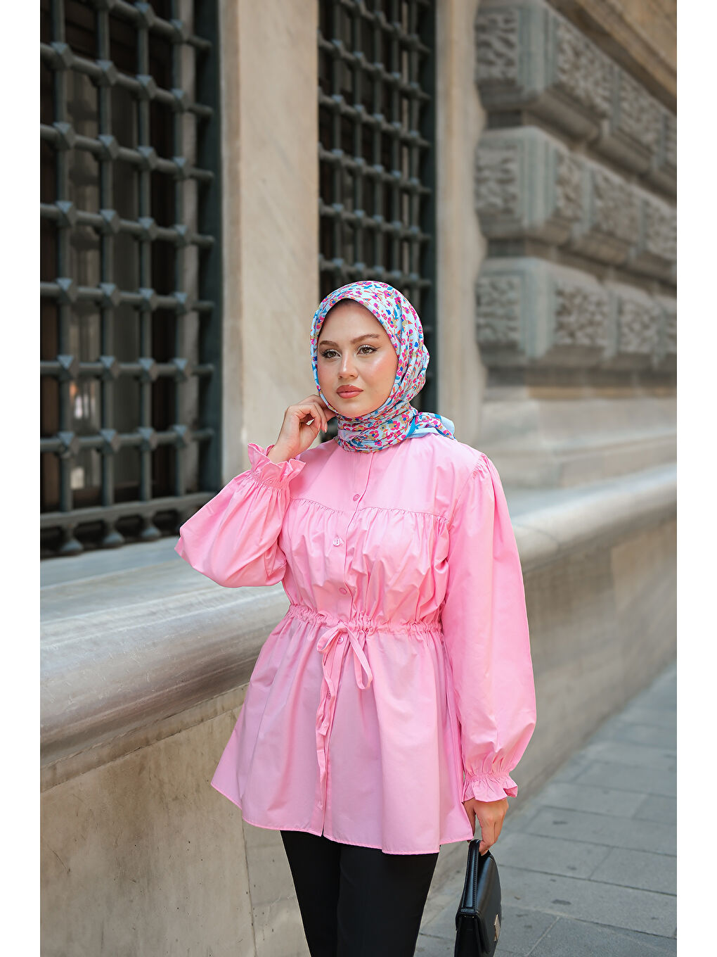 Kadın Robadan Büzgü Detaylı Balon Kol Gömlek Pembe-1