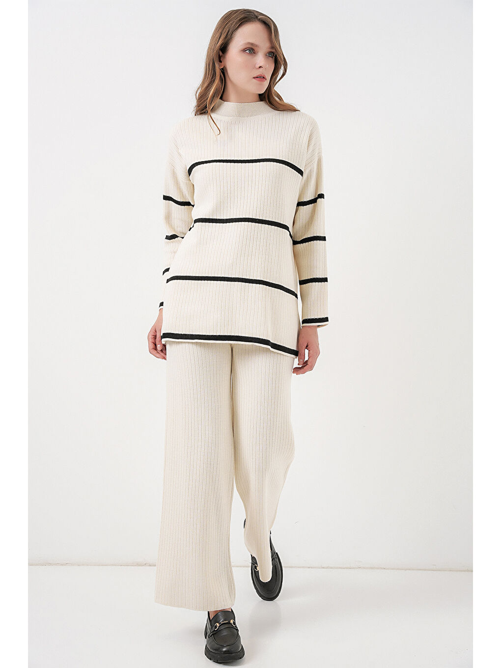 Kadın Çizgili Oversize Triko İkili Takım 15959 - Ekru-3