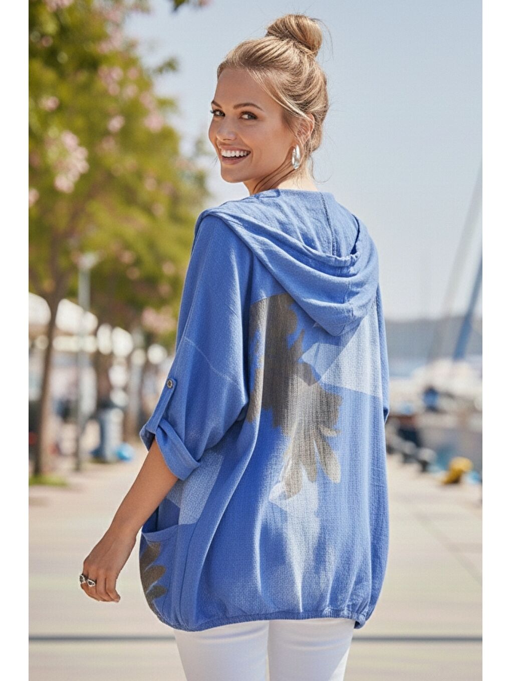 İtalyan Saks Mavisi Düğmeli Uzun Kollu Cepli Kapüşonlu Fermuarlı Regular Boy Dokuma Ceket 68 65-6