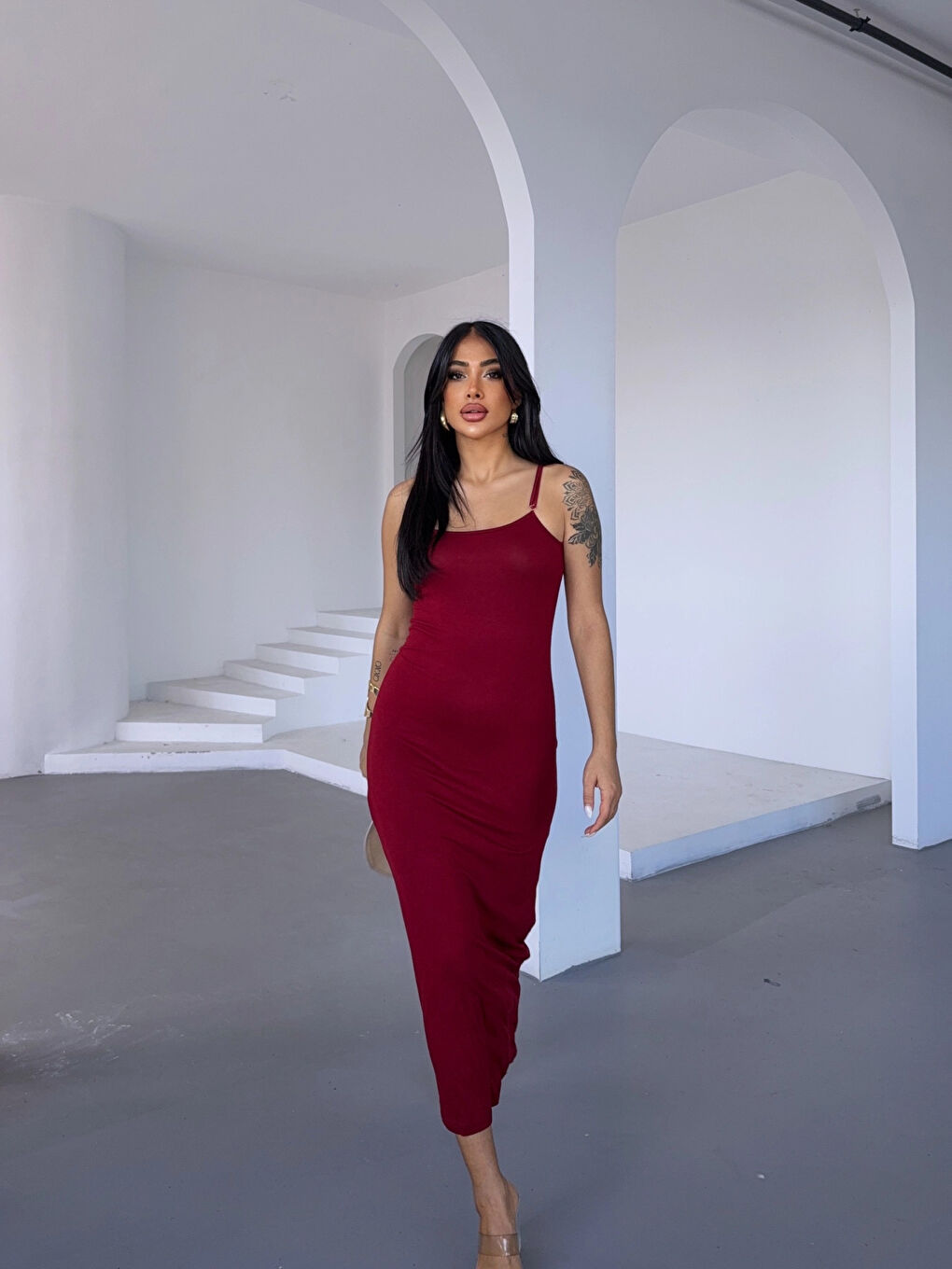 Kadın Bordo Ayarlanabilir Askılı Midi Boy Elbise HZL25S-FRY122921-3