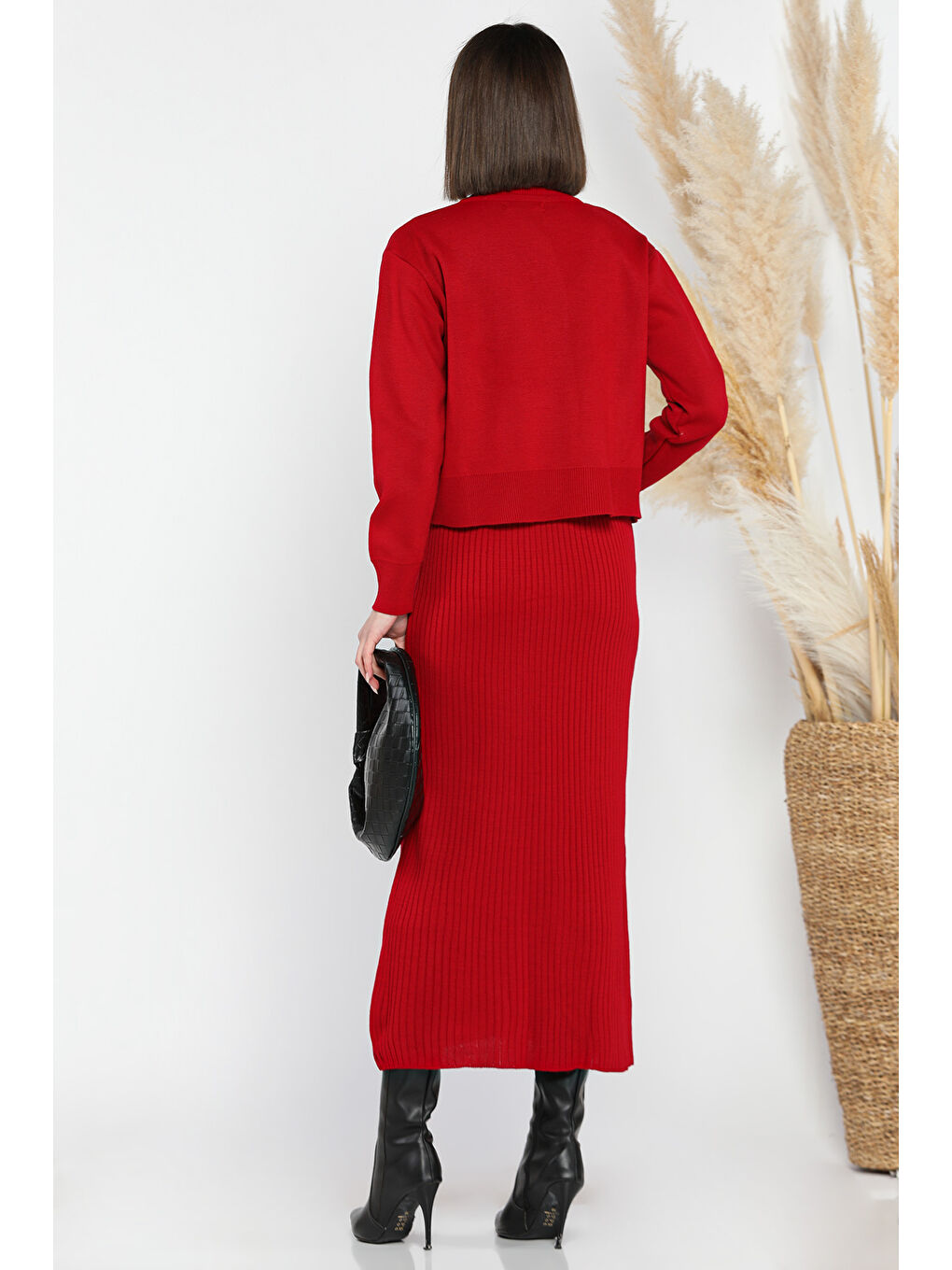 Kırmızı Kadın İnci Ve Taş İşlemeli Triko Elbise Hırka İkili Takım-2