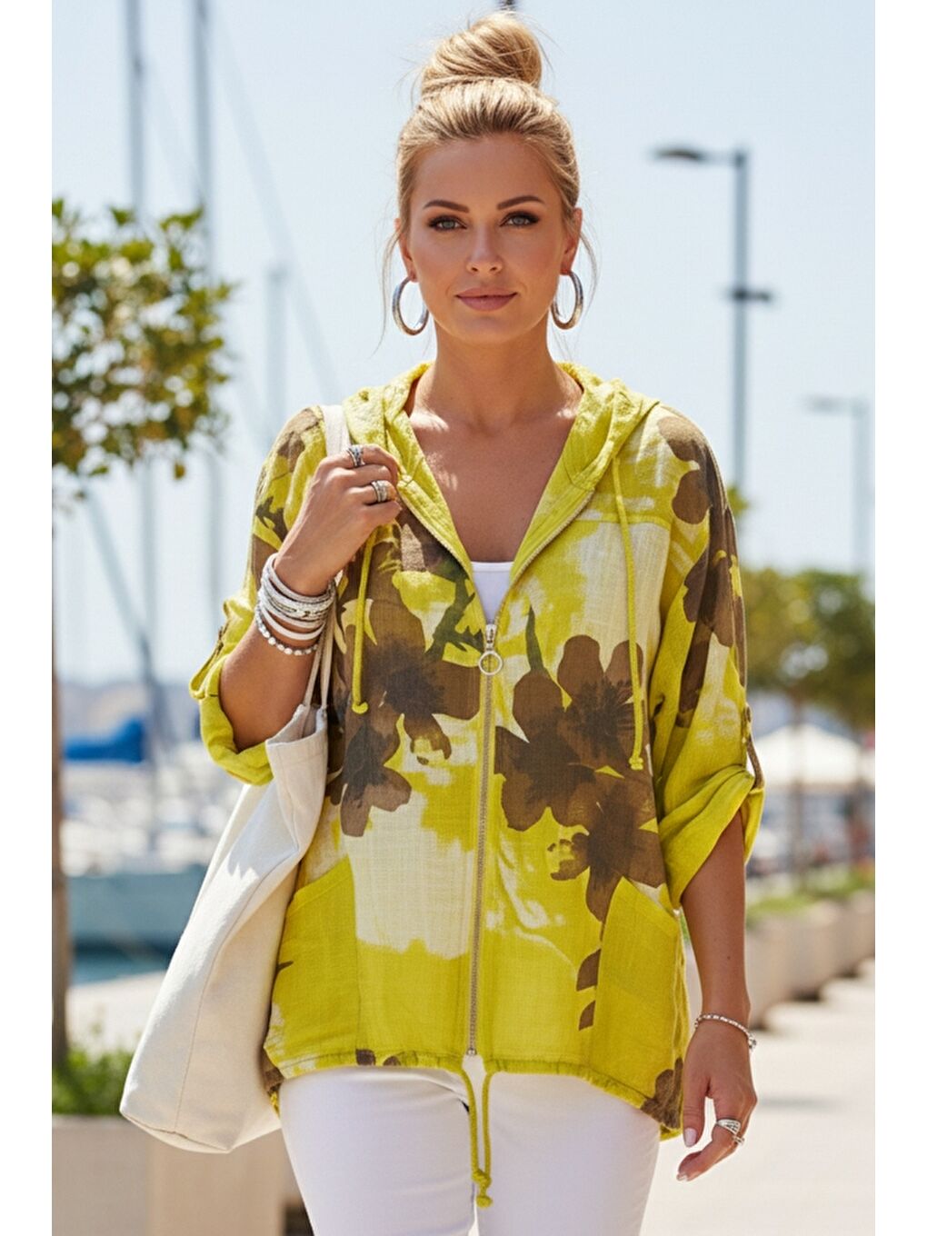 İtalyan Sarı Düğmeli Uzun Kollu Cepli Kapüşonlu Fermuarlı Baskılı Regular Boy Dokuma Ceket 68 65-3