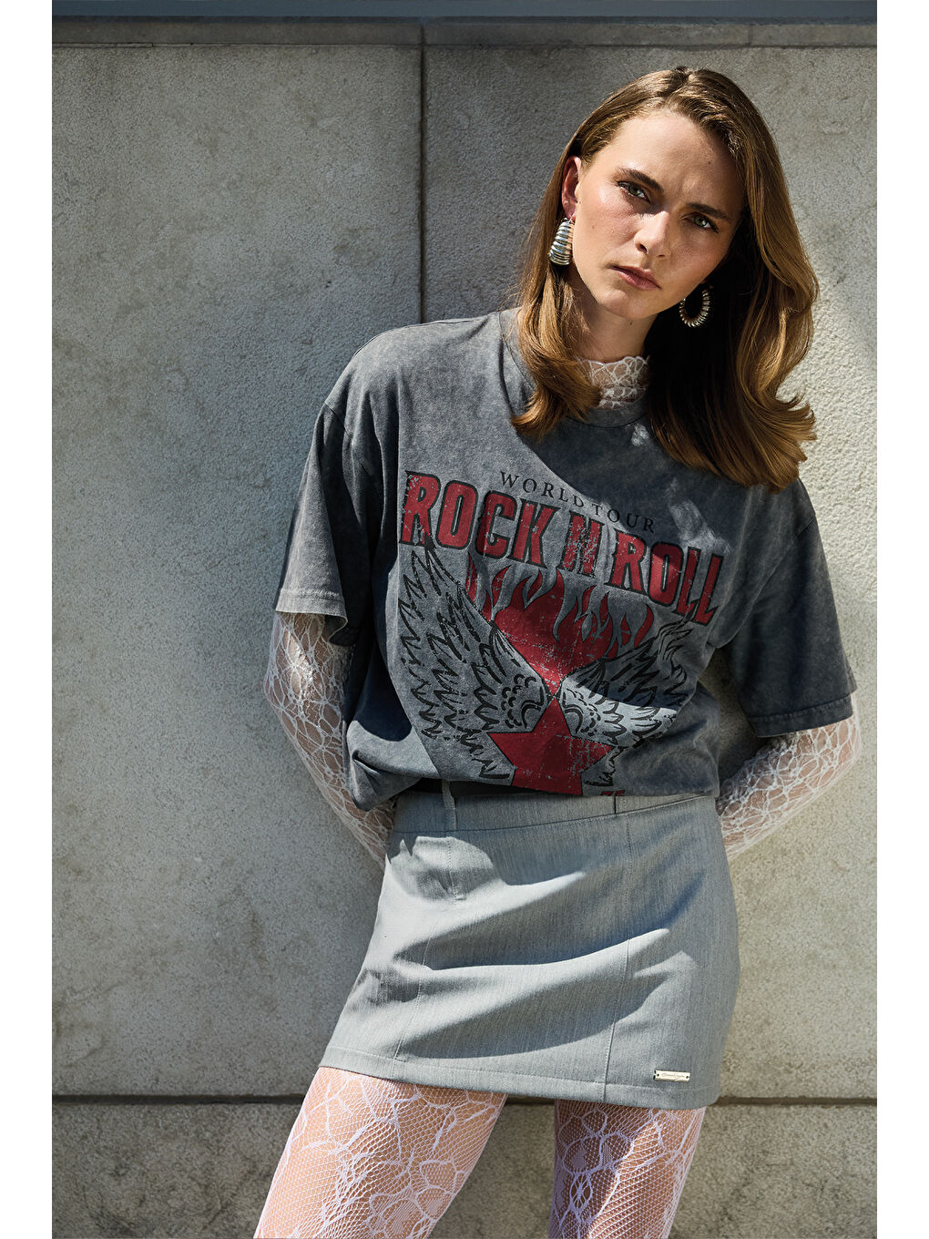 Dantel Garnili Yıkamalı Oversize Tişört Antrasit