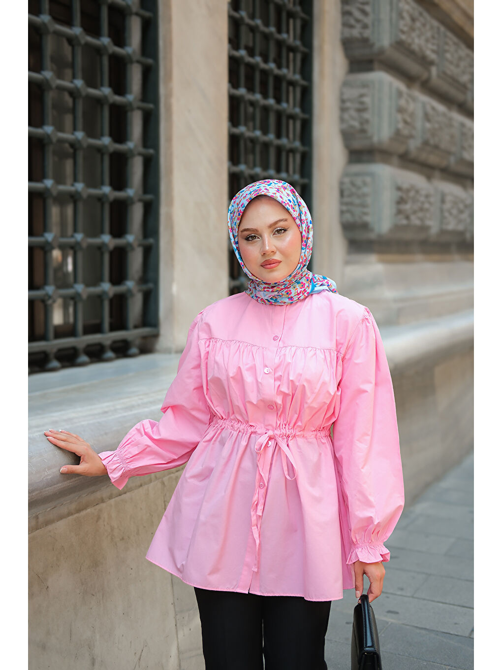 Kadın Robadan Büzgü Detaylı Balon Kol Gömlek Pembe-2