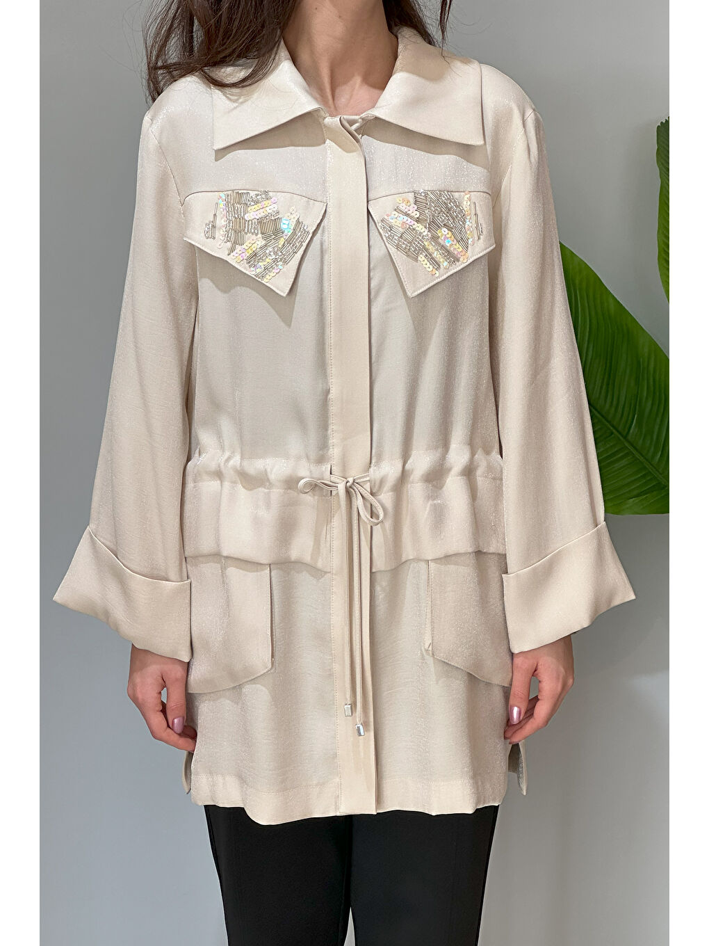 Boncuk İşleme Detaylı Kap Ceket 6009 Bej-1