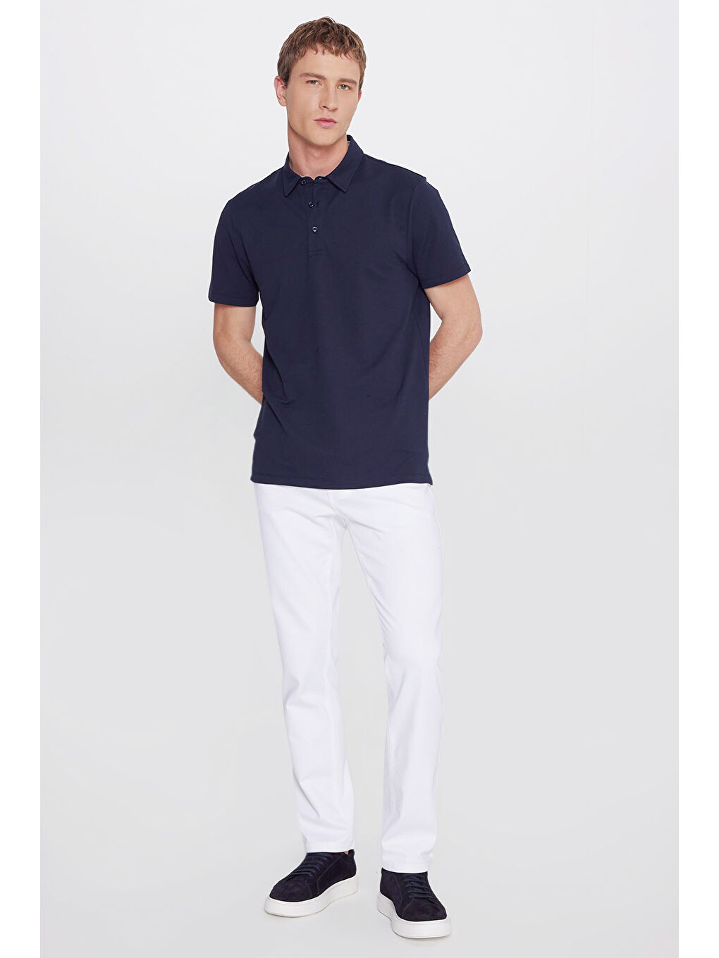 Erkek Lacivert Pamuklu Slim Fit Dar Kesim Polo Yaka Esnek Tişört-1